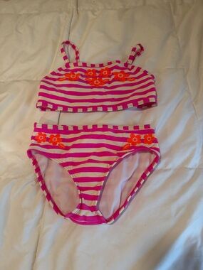 Boden Pink and White Striped Girls Swim Set size 7-8